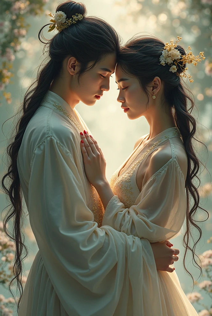 An ancient Chinese beauty。The husband of this beautiful woman grabbed one of her feet with one hand。The other hand is tickling the soles of this beautiful woman's feet