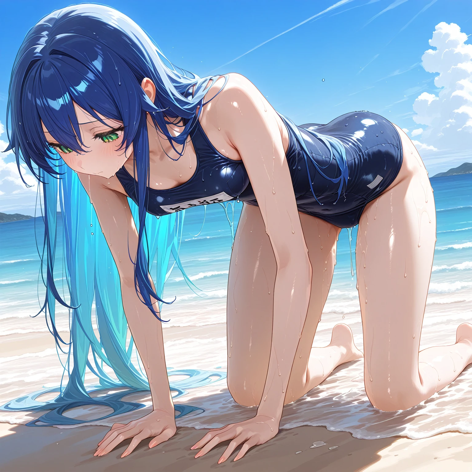 1girl, Laura_S_Arseid_/(sen_no_kiseki/), /(sen_no_kiseki/), medium breasts, long hair, ponytail, (blue hair), yellow eyes, seductive smile, beautiful beach, bikini, one hand on hip, swim shorts, open fly, open shorts, unzipped shorts, bare legs, bare feet, expose thong, midriff, playing in water, (masterpiece), (best quality), (absurdres), (high-res), (perfect anatomy), (4k), (detailed body), (detailed hair)