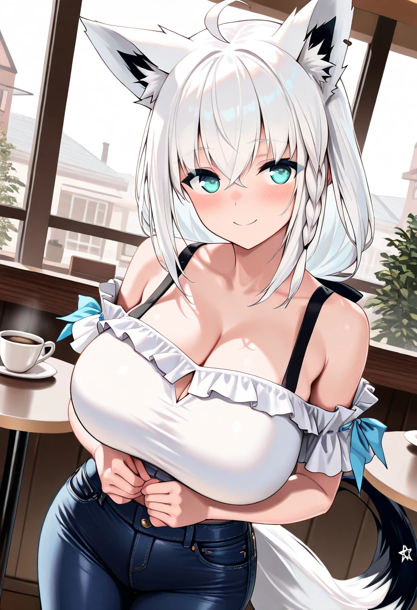 (masterpiece:1.3), (best quality:1.3), high resolution, couboy shot, leaning forward, body facing forward, (one cute girl:1.3), solo, white skin, big Breast, eight-headed person, light white hair, (bobbed hair:1.2), (short hair:1.1), (blunt bangs:1.2), beautiful hair, blue eyes, beautiful detailed eyes, open mouth, heart, cheerful smile, (rabbit ears:1.3), one piece dress, frill, white and blue clothes, miniskirt, earrings, indoors, bed, shadowlighting, approaching the object, bubble tea, boba tea, drinking bubble tea, drinking boba