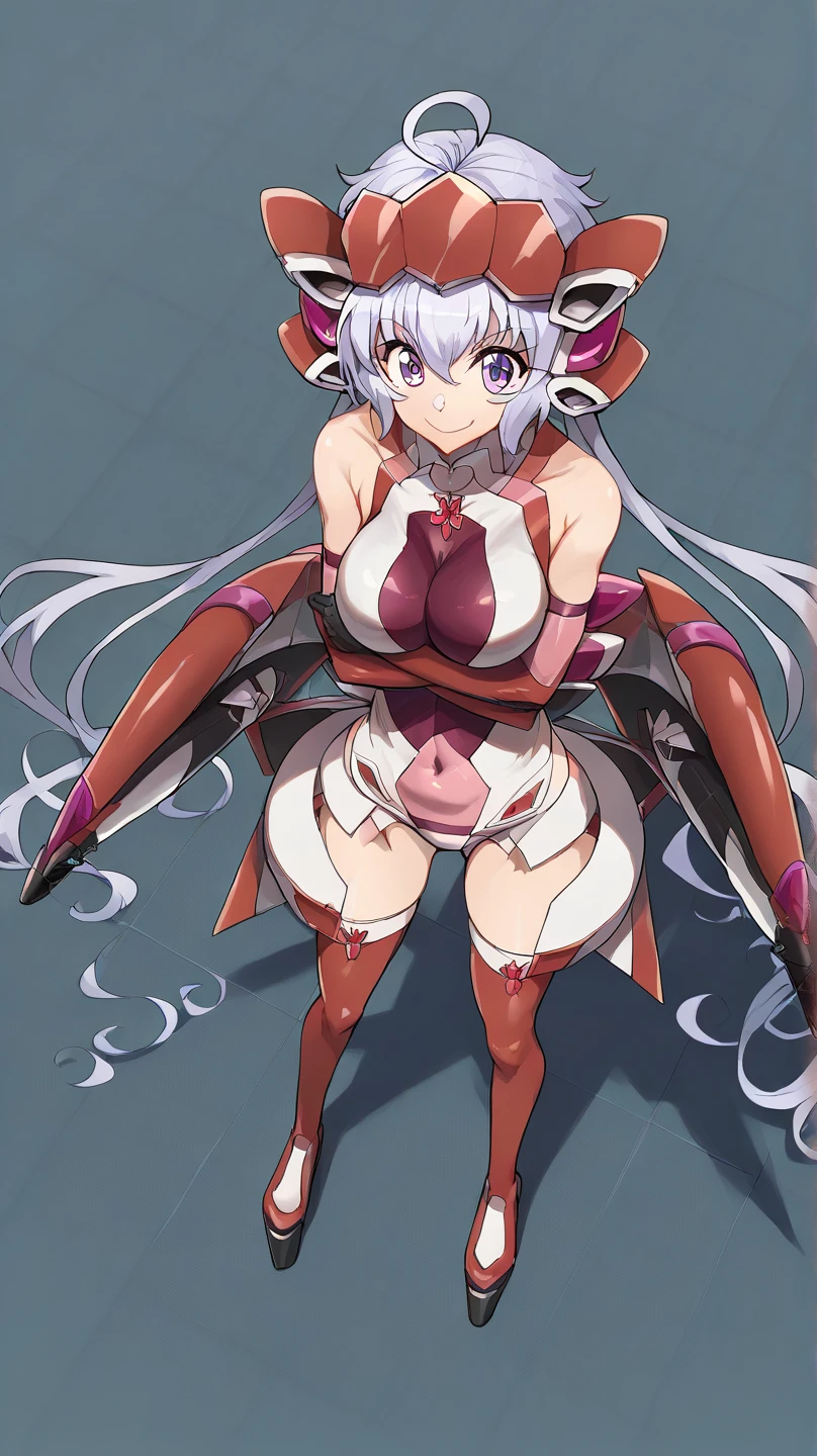 j.h.,  score_9, score_8_up, score_7_up, score_6_up, score_5_up, score_4_up, BREAK source_anime, masterpiece , anime screencap, anime_lineart anime coloring, <lora:YukineChris:0.8>yukinechris, long hair, purple eyes, twintails, ahoge, large breasts, thighhighs, gloves, headgear, elbow gloves, leotard, covered navel, smirk, indoors,erect_nipples