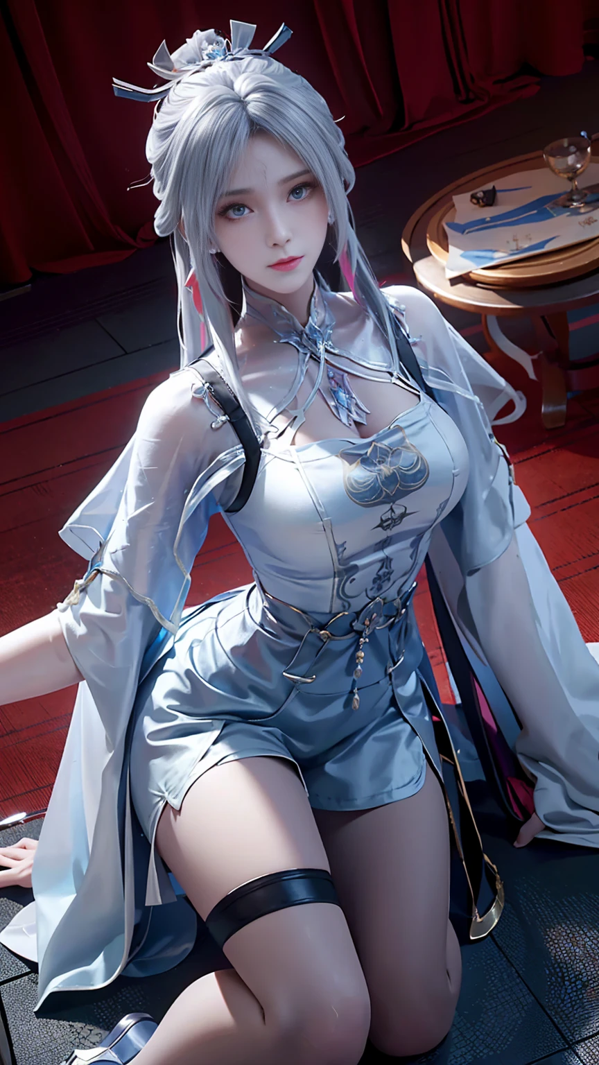 ,(((Liz Hellesta))),gameroomconcept,PC Desk,((Gaming Chair)),Pay,Game Controller,keyboard,((Looking at the smartphone in his hand)),vtuber,Game Now Streaming,White Delivery Room,Liz HellestaHair1,((Dressed seriously)),(((Do not expose breasts))),masterpiece, Highest quality, beautiful,(1 female), Liz Hell,cameltoe,(Straight gray straight hair,((bangs)),((Beautiful Japanese girl face)),Thin face,Beautiful female face,Precise depiction,Excellent costume design, charm, (real chest), (8k Full Body RAW Photo), (Highly detailed skin: 1.2), ((Oily skin)),smile, Highly detailed face, ((Grey Hair)),fine grain, ((Sweaty body)), (((Oily skin))),Inside the room,1 Girl,Open your mouth,(((Open your eyes))),(((View your viewers))),(((Open your eyes))),(((Open your eyes))),(((Wide pelvis))),(((Very muscular and thick thighs Veins,))),Thigh gap,Shiny thighs.(((Narrow waist))),(Realistic:1.0),Front view,1girl,lh1, (((White panties))),cameltoe,Hair Ornament Net、Long Hair、Long sleeve、Pleated skirt、((Blue thigh-high socks in silk fabric))、((手链))、Blue pleated mini skirt、((White jacket, cotton material))、(tight white shirt)、Blue Skirt、(Metallic black thigh straps),(((Front view))),Focused on PC gaming,((Open your mouth)),Showing teeth,Constricted eyes,