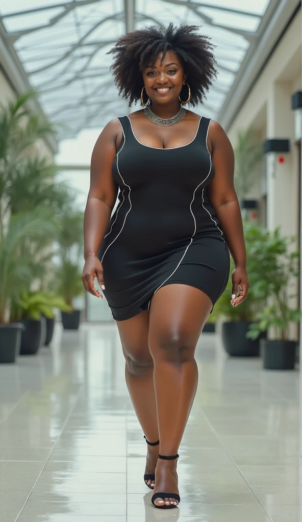 Une belle grosse femme noire debout dans un jardin portant une robe dorée, cheveux noirs, gros corps, (Thick body), african garden with cascade , Afrofuturistic aesthetics, ultra quality, chef-d'artwork, cascade
