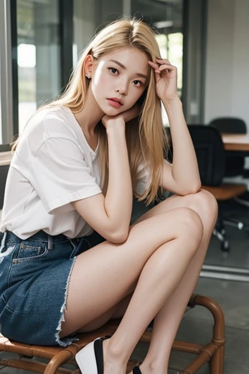 Beautiful profile of a girl with perfect beautiful blonde hair, Detailed facial expressions, Full body shot of a girl sitting and leaning against a wall, Like a scene from a movie, TWICE Chaeyoung's profile, Sad face, Wearing a tank top, Blonde long hair,