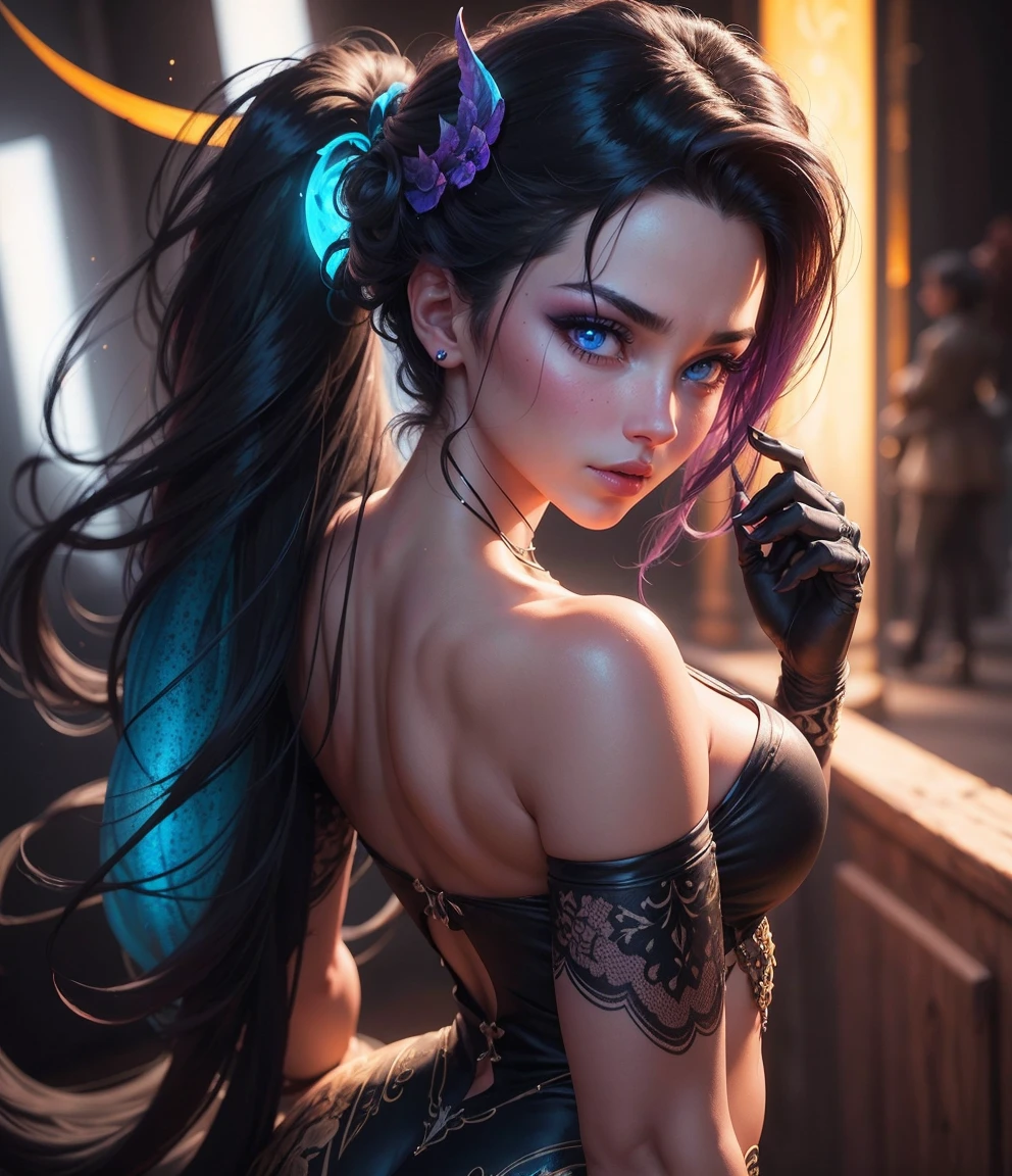 photo of movie star, RAW, beautiful woman, ((portrait)), ((detailed face:1.2)), (colorful rainbow hair:1.1), ((detailed facial feature, detailed skin, clear skin), (perfect proportioned body, medium breasts, poking nipples), arched back ((wearing a revealing American McGee's Alice in Wonderland steampunk dress, gloves)), (high detailed giant mystical forest), (realistic photo, best quality, detailed), (8k wallpaper), (cinematic lighting, dramatic lighting) (sharp focus, intricate)