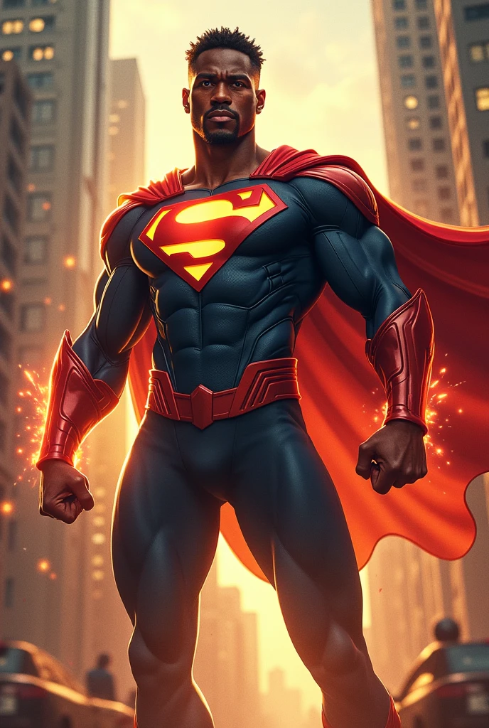 (16k, RAW photo, best quality, masterpiece: 1.2), ultra-detailed, formal art, photorealism: 1.37, upper body photo, Black Man braided hair 32 years old DC Superman, film grain, action pose