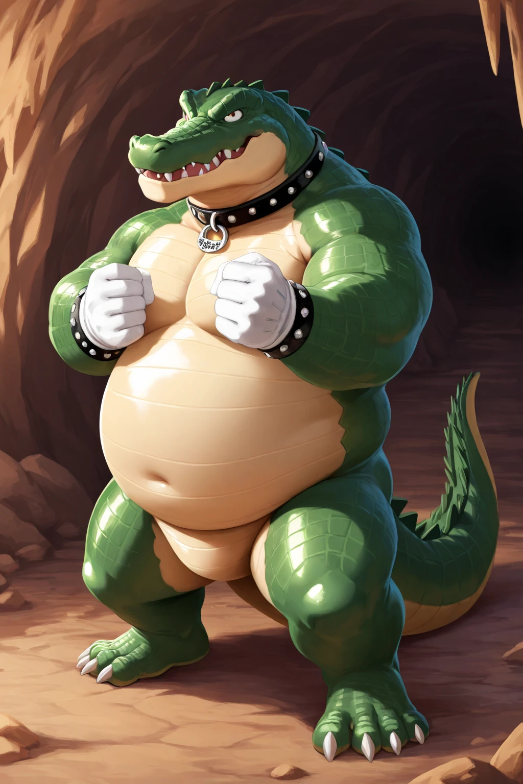 Solo, standing, female, alligator, (((By bebebebebe))), by buta99, by chunie, by sonsasu, by danza, grey skin, orange eyes, giant, gigantic, enormous, massive, huge, strong, powerful, muscular, buff, hulking, thick, big breasts, ((underbite, sharp white teeth)), smirking, chestpiece,full body, tunic