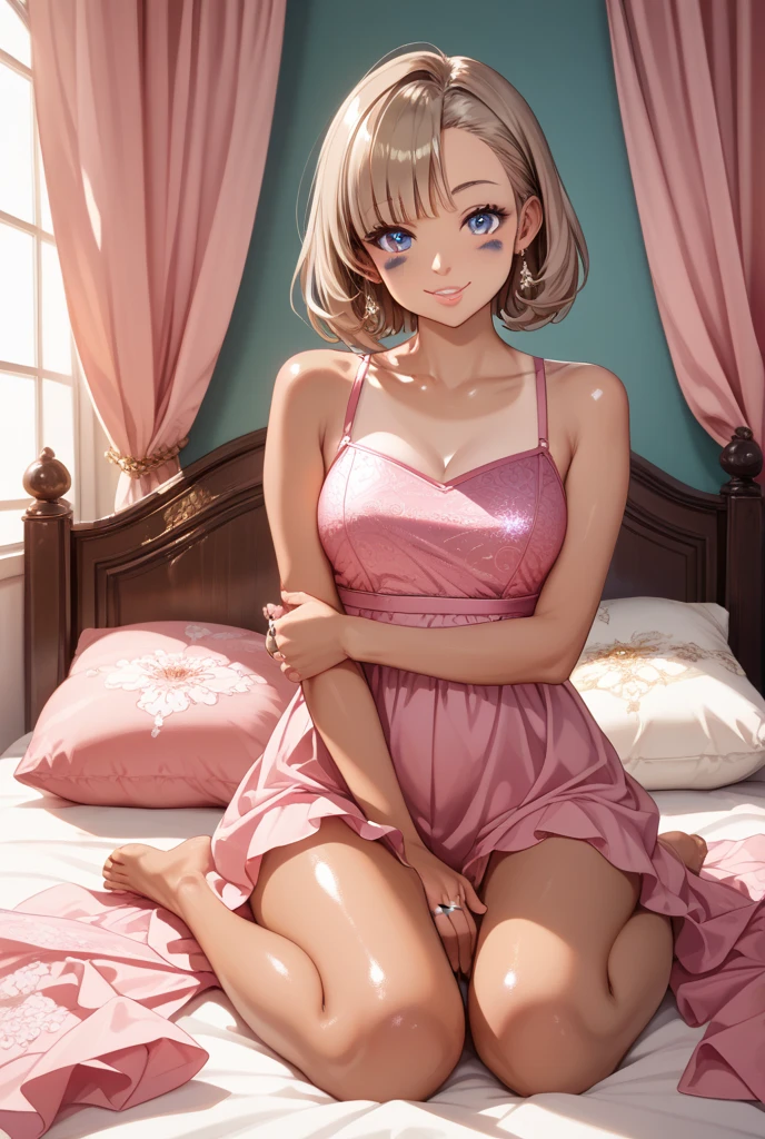 super_shiny, ultra_glossy_silk, young_blonde_clover_from_totally_spies, lying_on_bed, (ultra_silky and ultra_glossy short pink minidress | white lace), cleavage,( short_blonde_hair, | straight cut ), silky_bed_and_sheets, thin_body_and_legs, small_boobs, cleavage, cute_grin, skinny body, realistic_legs, blue_eyes, beautiful, high resolution, 8k