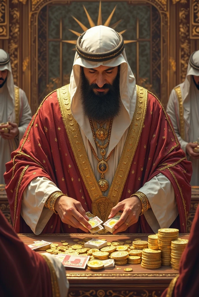 Create a man in Sheik clothes gambling in casinos and money falling on him