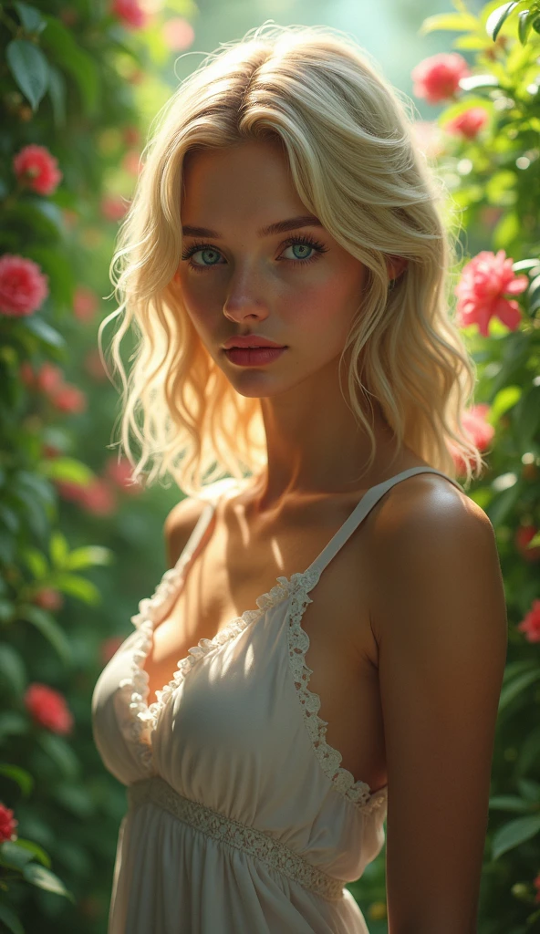 Photo realistic, analog film (masterpiece:1.4), (best quality:1.4), extremely detailed, intricate, hyper-detailed, (detailed hand, fingers, legs),illustration, soft lighting, 20 years old young coed girl, Blonde hair, (perfect face), sitting on a rock, in the garden, flowers blooming, two piece bikini, intricate, dramatic lighting, 4k, detailed background, caustics, full body,