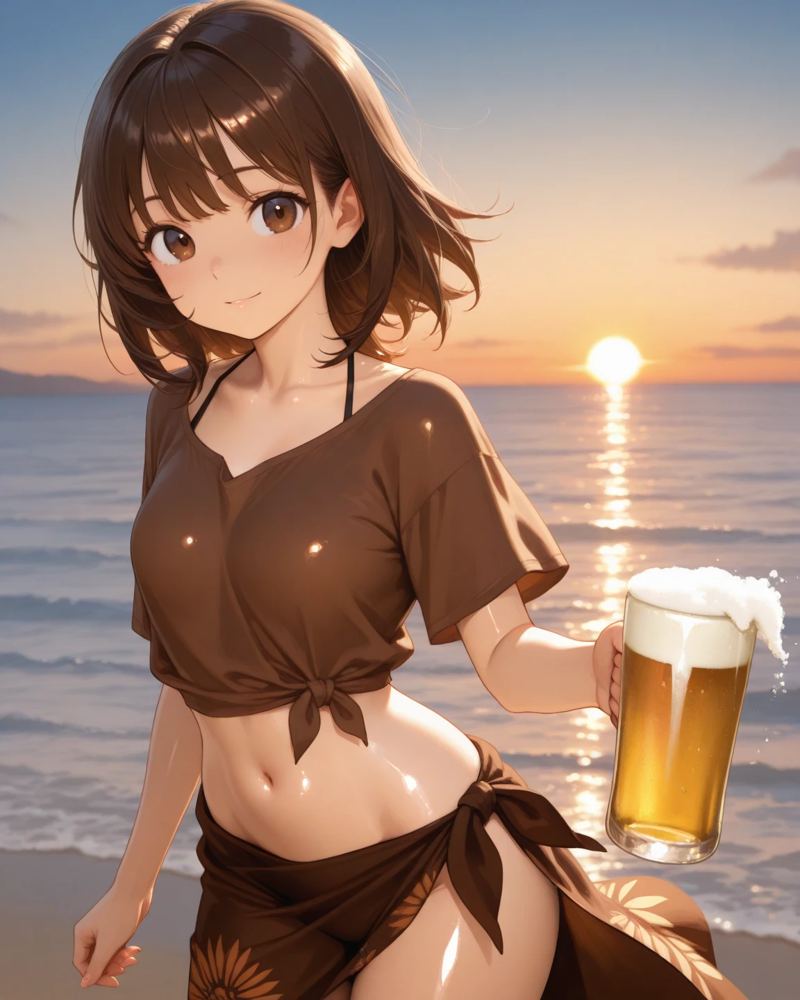 (masterpiece:1.2、top-quality), (1 Lady、Solo、The upper part of the body:1.2), hair:short-hair, Clothing:The bikini、Beach at night、Physical education sitting、Tanned skin、Meteor swarm、small tits、Beer mug、a smile