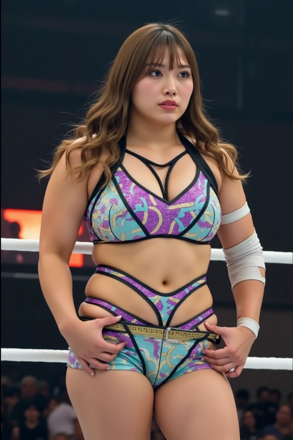 Japanese Chubby girl with wavy brown hair and bangs wearing black shorts, purple boots and purple kimono with gold details posing as a fighter in a fighting arena