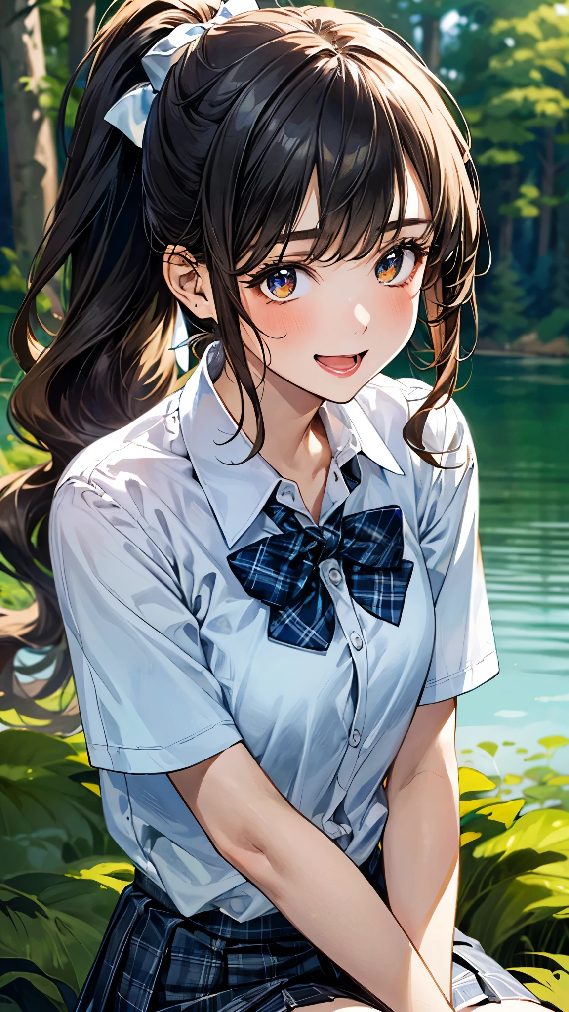 (masterpiece:1.3, top-quality, ultra high res, ultra detailed), (realistic, photorealistic:1.3), beautiful illustration, perfect lighting, natural lighting, colorful, depth of fields, surrealism,
beautiful detailed hair, beautiful detailed face, beautiful detailed eyes, beautiful clavicle, beautiful body, beautiful chest, beautiful thigh, beautiful legs, beautiful fingers, shiny skin, babyface,
looking at viewer, selfie, 1 girl, high school girl, (perfect anatomy, anatomically correct, super detailed skin), cute and symmetrical face, perfect face, perfect eyes,
(long hair, ponytail, wavy hair, chestnut hair), asymmetrical bangs, gold eyes, big eyes, drooping eyes, long eyelashes, (large breasts:1.5, seductive thighs), glamorous, outstanding style,
(detailed cloth texture, break light blue collared shirt, break light grey plaid pleated skirt, break navy blue plaid bow tie), navy socks, black loafer,
(beautiful scenery), evening, (forest, lake), (crouching, pose with movement), (lovely smile, open mouth), (girl with a kitten),