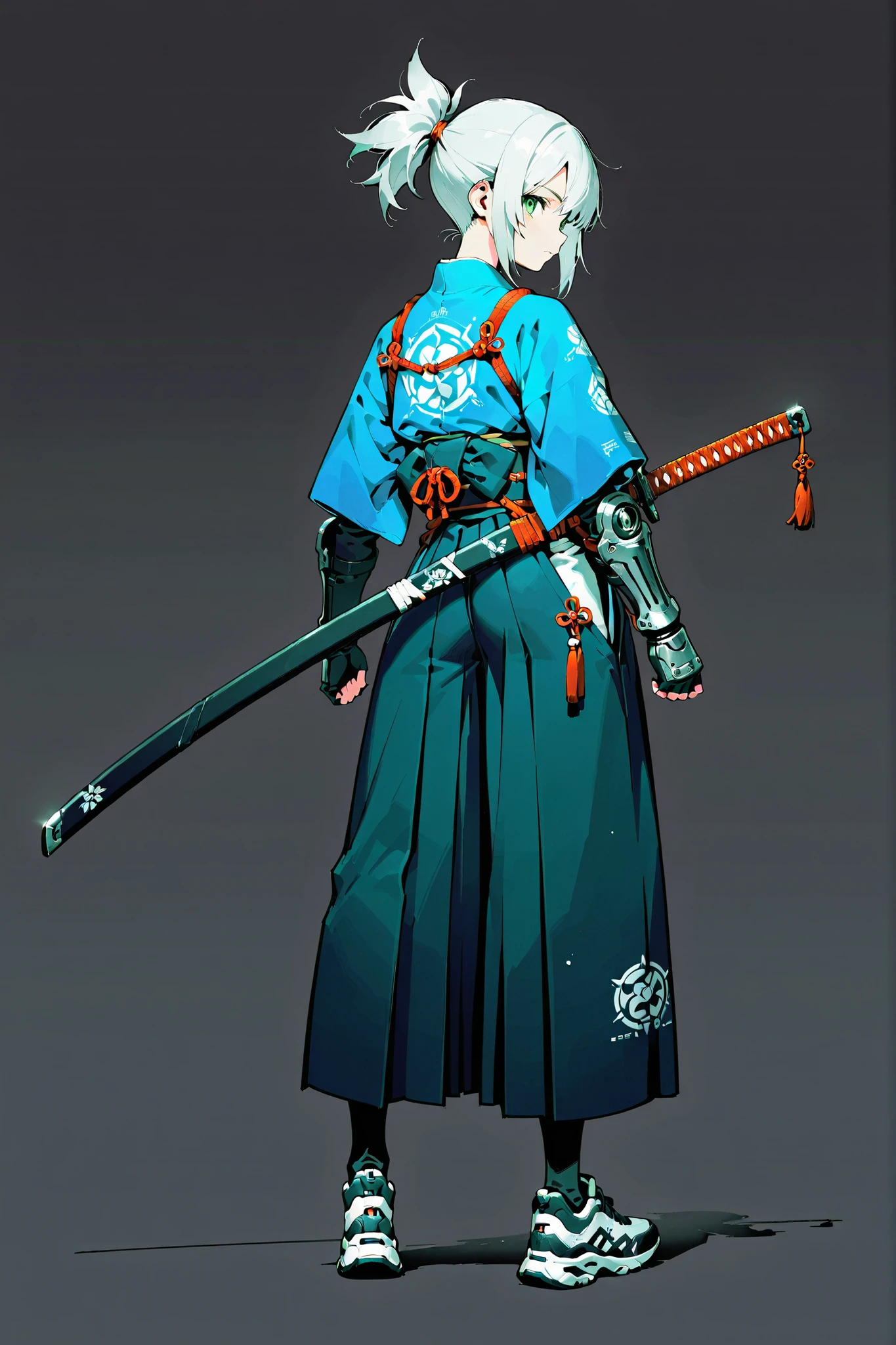 character settings、Multiple perspectives、front、Horizontal position、Back view、Japanese sword design、 design drawing、masterpiece, top quality, Very High Definition, high resolution, 1girl, full body、full body、monotone color、simple background、Famous Sword、Japanese sword from the blade、Arranged Japanese clothing、near future、Silver hair short ponytail、Green Eyes、Wear hakama 、pocket、Kimono with sword held in reverse hand、futuristic two swords、Gauntlet、belts,machine shoes、Tech Wear 、anime style, Detailed Character Design, sci-fi girl , futuristic design、Mechanical scabbard