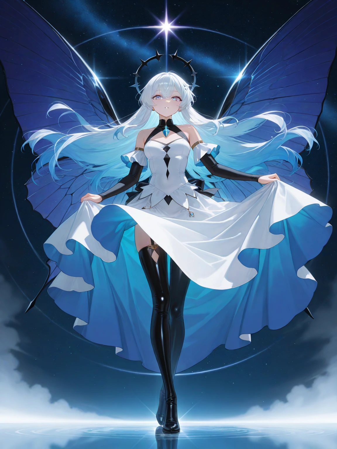 absurdres , highres, ultra detailed, (1girl:1.3), BREAK, fantasic dress, headwear, BREAK, light persona, dark persona, mind control, fractal, full body, ceiling, Artistic Background, blue Bioluminescence, Geometric, Organic, blessing, favor, exalted, sublime, noble, unfolding, unraveling, antigravity, antimatter, guardian angel, holy, sacred, spiritual, dignified, red Bioluminescence, flower, holographic wings, on Magic circle, Photon, butterfly, scales, galaxy, BEARK,