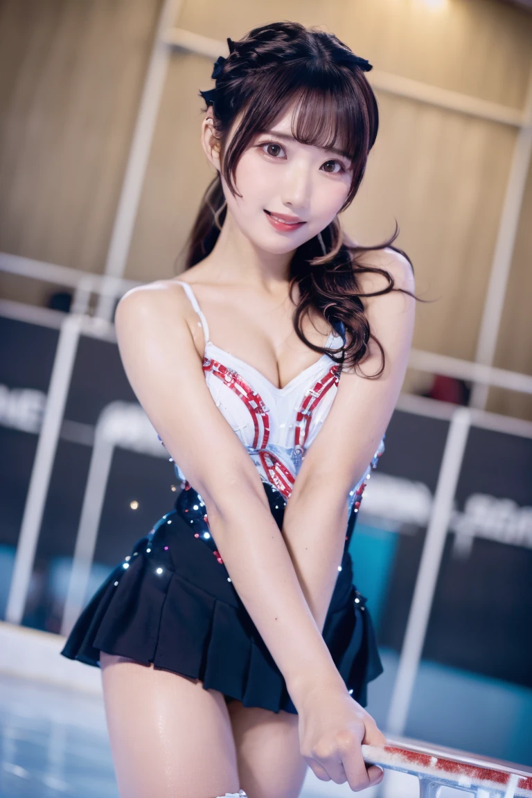 (highest quality、4k、8k、High resolution、Masterpiece: 1.2)、Super detailed、(Real、Photorealistic、Photorealistic: 1.37)、Beautiful detailed eyes、Beautiful detailed lips、highly detailed eyes and face、Long eyelashes、One girl、Top Idol、Shooting from below、under miniskirt、Panties exposed、An illustration、A one-piece sailor suit made of sparkling, transparent latex、Exquisite setting、Twinkling lights、Warm color palette、Soft and diffuse lighting、Bright colors、The stage scene from the final performance of the Dome Tour、Enthusiastic fans filling the venue
