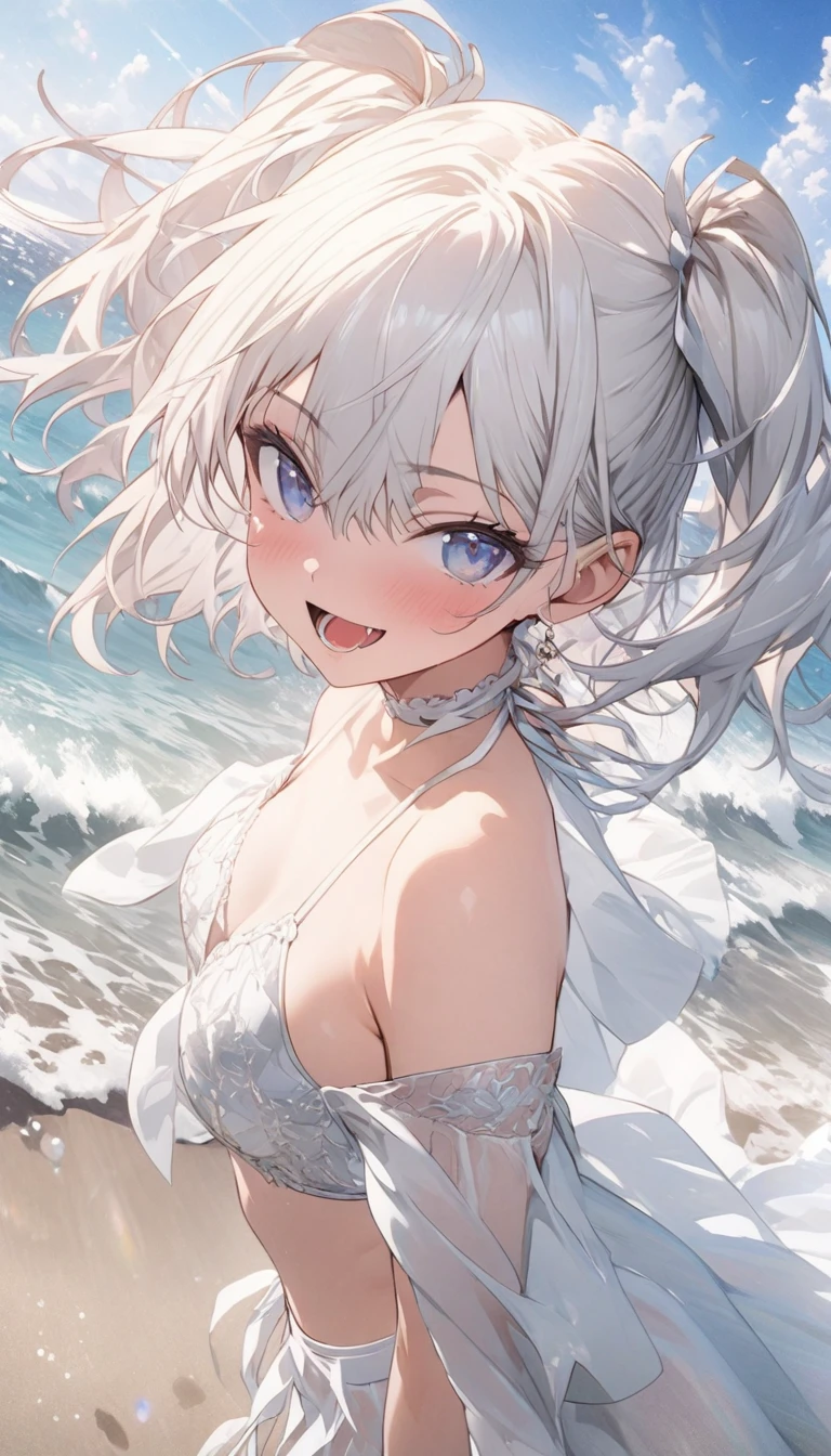 (((best quality)), ((masterpiece)), (details), masterpiece, best quality, high quality, ulutra detailed, perfect face, ((1girl, blue eyes, cat ears: 1.3 silver bob hair: 2.5,)) 、Shiny Hair、Glowing Skin、blush、Lustful look、D Cup、Sideboob、valley、coastal、sex、sexual behavior、Splash、smile、blue sky、A big rainbow shines、White one-piece swimsuit with frills、