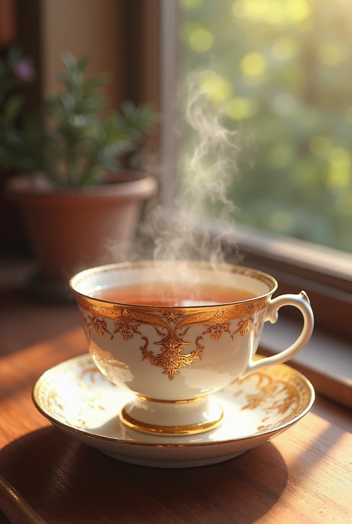 hot tea,steaming cup of tea,slowly rising steam,aroma of tea leaves,beautifully brewed tea,delicate porcelain tea cup,texture and patterns on tea cup,swirling liquid,rich golden color,tea leaves floating in cup,lightly sweetened,subtle hints of floral notes,warm and comforting,cozy and relaxing ambiance,soft lighting,tranquil atmosphere,gentle steam curling upwards,serene reflection of the cup on the table,subtle steam diffusing in the air,peaceful moment,quiet solitude,enjoying the warmth of the tea in hands,feeling the soothing effect,the tea is sipped slowly,slow and steady pace,warmth spreading from within,the world around fades away,natural tranquility,sipping tranquility and warmth.