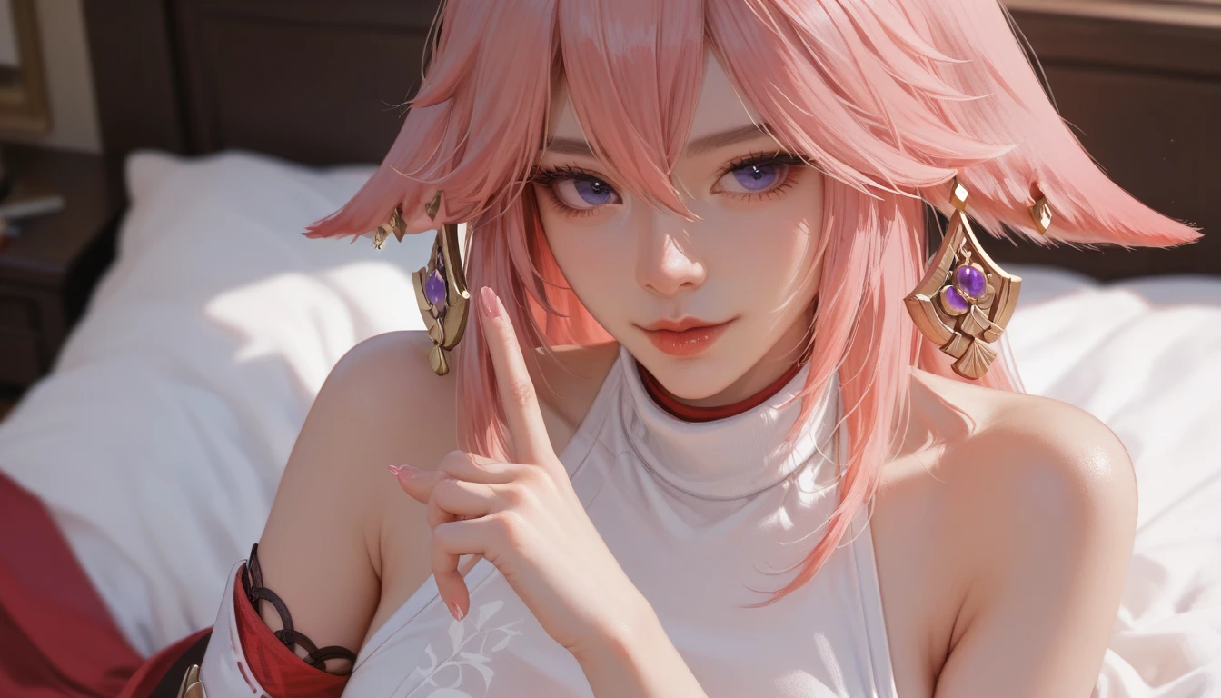 (Masseter muscle film:1.3)、(8k、Realism、original photography、top quality: 1.4)、(1 girl in)、beautiful face、(lifelike face)、(pink hair color hair、long:1.3)、beautiful hairstyle、huge ,lying on bed,lifelike eyes、purple eyes,beautiful details、(real skin)、beautiful skin、fishnet tights、transparent clothes,Breasts are looming,absurd、Tempting、ultra high resolution、Surrealism、high detail、golden ratio,Above the feet,Whole body lockdown