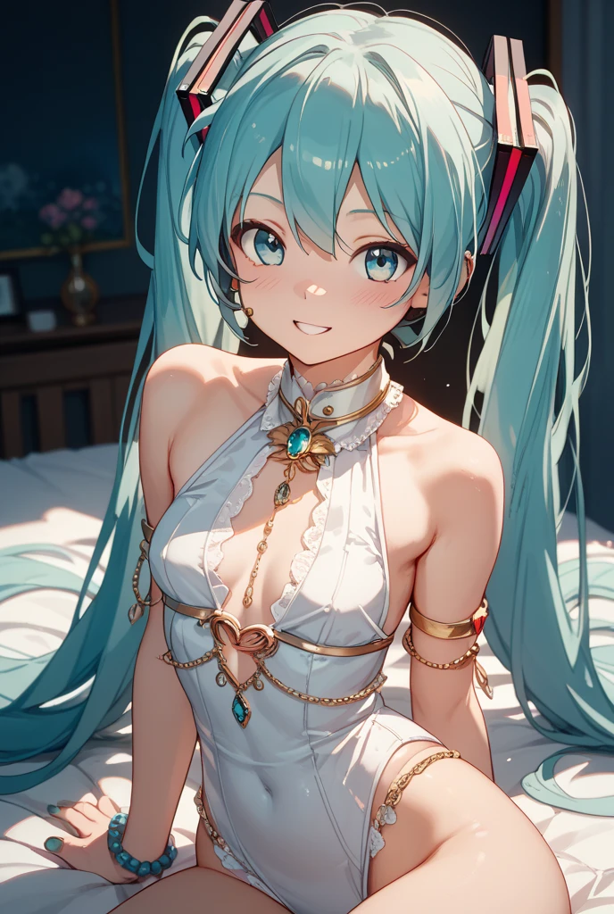 masterpiece, best quality, attractive, solemn atmosphere, one cute girl, Hatsune Miku, big boobs, glamorous body, shy face, blush, sweaty, deep red with golden stitches lingerie, white lace Gorgeous dress, ((trying to take off dress)),  (sleep on back), one knee up, in luxury room, on luxury canopy bed, night,