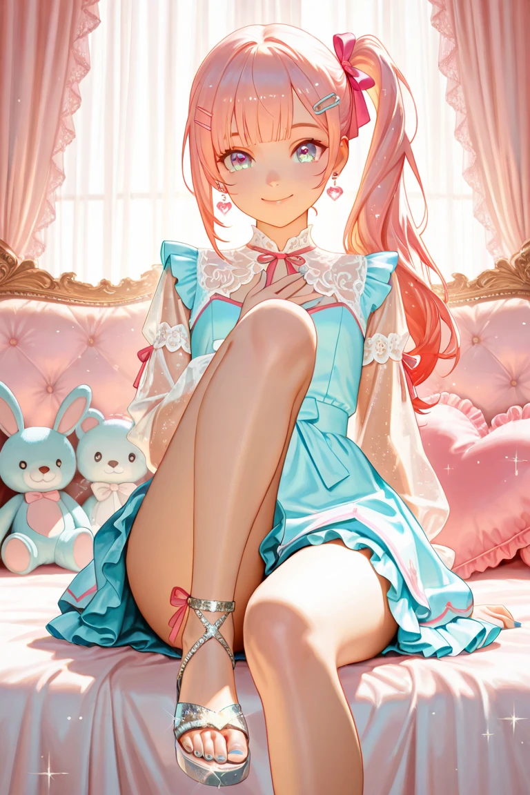 (masterpiece), best quality, side-view (showing thighs), highly detailed faces, (SHARP details), 4k, highly detailed, ((cute innocent face)), (bunny ears), Big cute eyes, (viera), ((pink hair)), blue eyes, ponytail, straight elegant hair, shy and nervous pose, sheepish, apprehensive. frowning (()), ((solo)), short girl, petite-body, modern hotel bedroom interior, ((sexy lingerie with miniskirt)),, dim light, red light, flat breasts, ((young girl)), (short girl), cute, slender, tempting, half naked