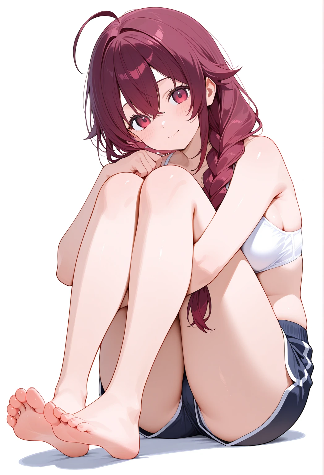 gym storeroom,1girl,tmasterpiece,The best quality,The is very detailed,sat on the ground,Chestless sportswear,show legs,Pink Long Hair,A shy expression,8k wallpaper