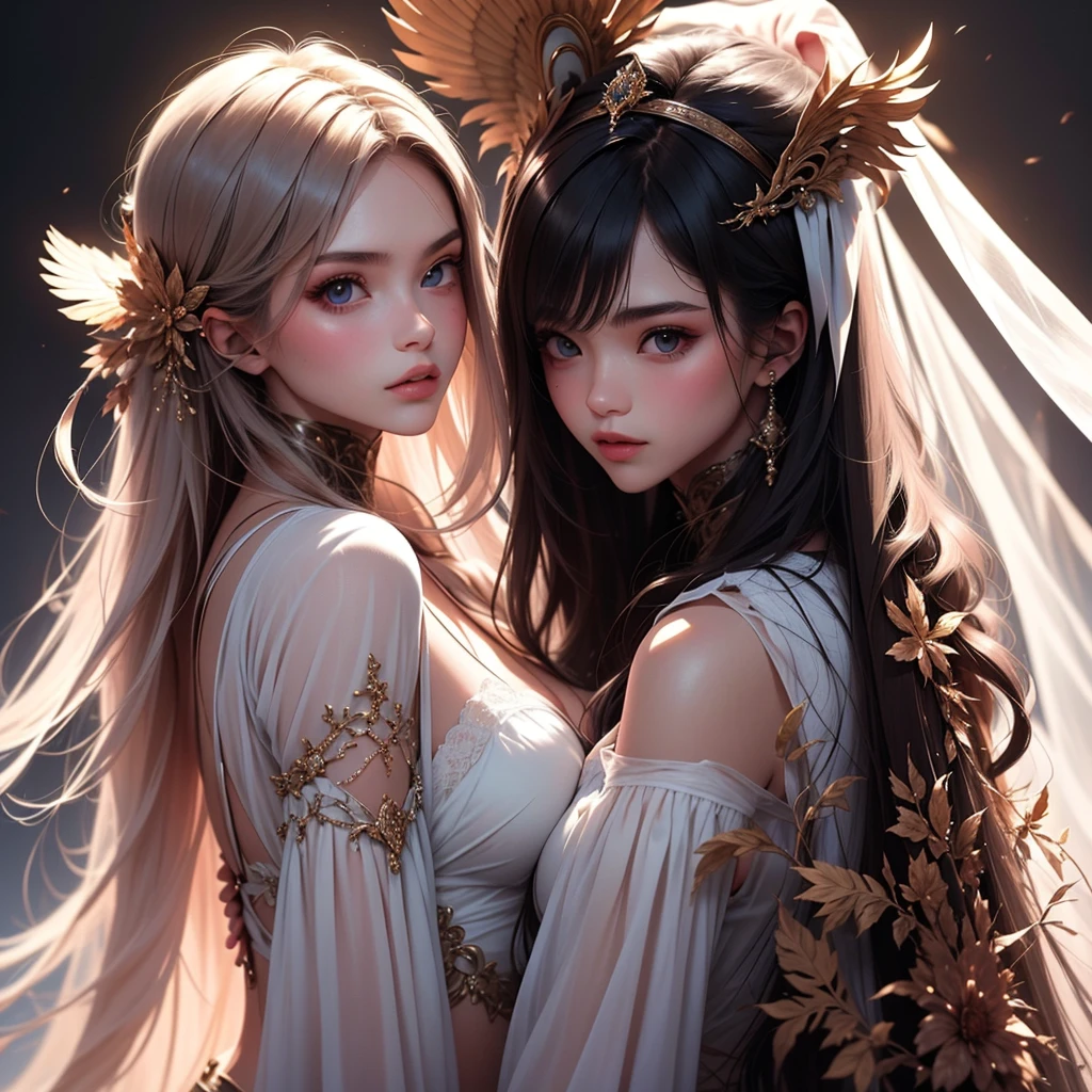 The white-haired figure places her hand gently on the cheek of the black-haired figure, who closes her eyes and leans into the touch, their expressions tender and affectionate.
"Photorealistic depiction of twin sisters with opposing color schemes, one with pale blue hair and icy blue eyes, the other with raven-black hair and fiery red eyes, both wearing elegant, dark gothic clothing and intricately detailed antlers.
cinematic lighting, extremely intricate detail character, accurate depiction of character, correct body anatomy, correct hands and fingers, extremely intricate skin and facial sk