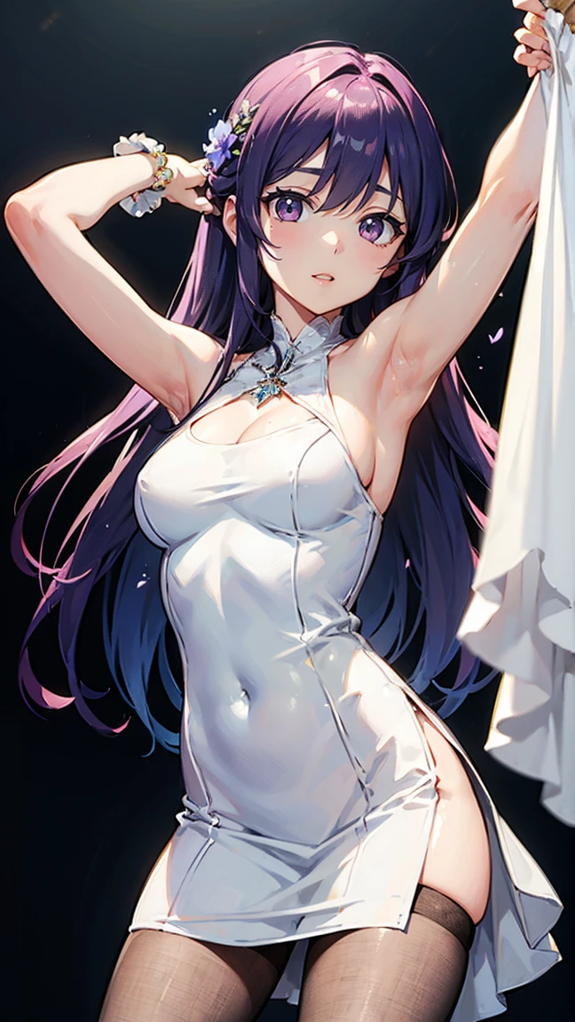 Super detailed, NSFW, masterpiece, High resolution, Photorealistic digital art, perfect lighting, (((1 girl, perfect anatomy))), accurate right hand, accurate left hand, five fingers, perfect style, Fern, big purple eyes, glossy lips, purple hair, shiny skin, Pure white long dress, (((Pure white long sleeve blouse))), (((pure white long skirt))), Big Breasts, Naughty nipples, naughty pussy, Stride, Hold the magic wand, Magic Circle, Cast a spell, Fantasy art,