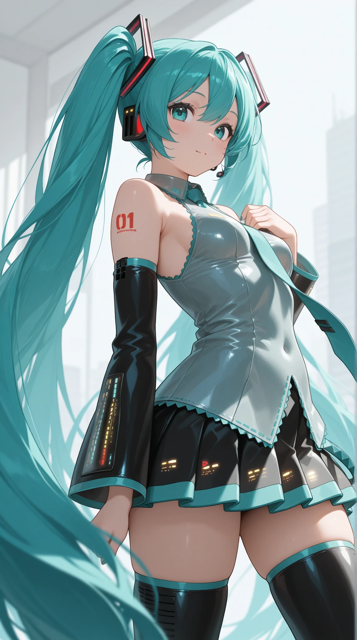 ((masterpiece, sidelighting, finely detailed beautiful eyes: 1.2)), ultra-detailed, ultra high res, (live performance stage:1.2), (in the spotlight:1.2), professional lighting, high quality makeup, beautiful detailed eyes, sexy, beautiful, big eyes, drooping eye, (girl), (small breasts:1.2), blush cheek, blush body, moist eyes, Hatsune Miku, (mikudef:1.2), green hair, absurdly long hair, wavy hair, ahoge, twintails, (gray sleeve less shirt, green tie, black mini skirt:1.4), Extremely cute, (extremely detailed beautiful face), Authentic skin texture, beautiful hair, beautiful face, beautiful eyes, beautiful body, beautiful hands, (happy smile), standing, (sexual aroused:1.2), erect nipples, open mouth, sweat, (singing), (face focus, armpit focus:1.6)