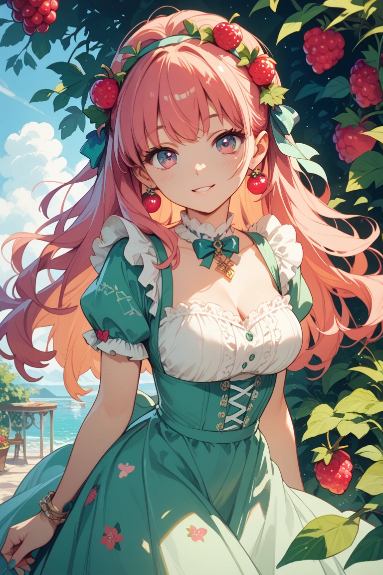 (light red hair:1.2),(long hair with curls:1.3),(drill curl hair:1.25),(Jade-colored eyes:1.4),(Eye size:1.5),(Accessories with flower motifs:1.3),(One piece made of smooth material:1.3),(sheer sleeve:1.35),(White corset:1.25),(asymmetric hem skirt:1.4),(Fluffy skirt:1.35),(gladiator shoes:1.25),(Background full of blooming flowers:1.5),(blush),(cute smile:1.3),(small breasts:1.6),(close up of face:1.25)