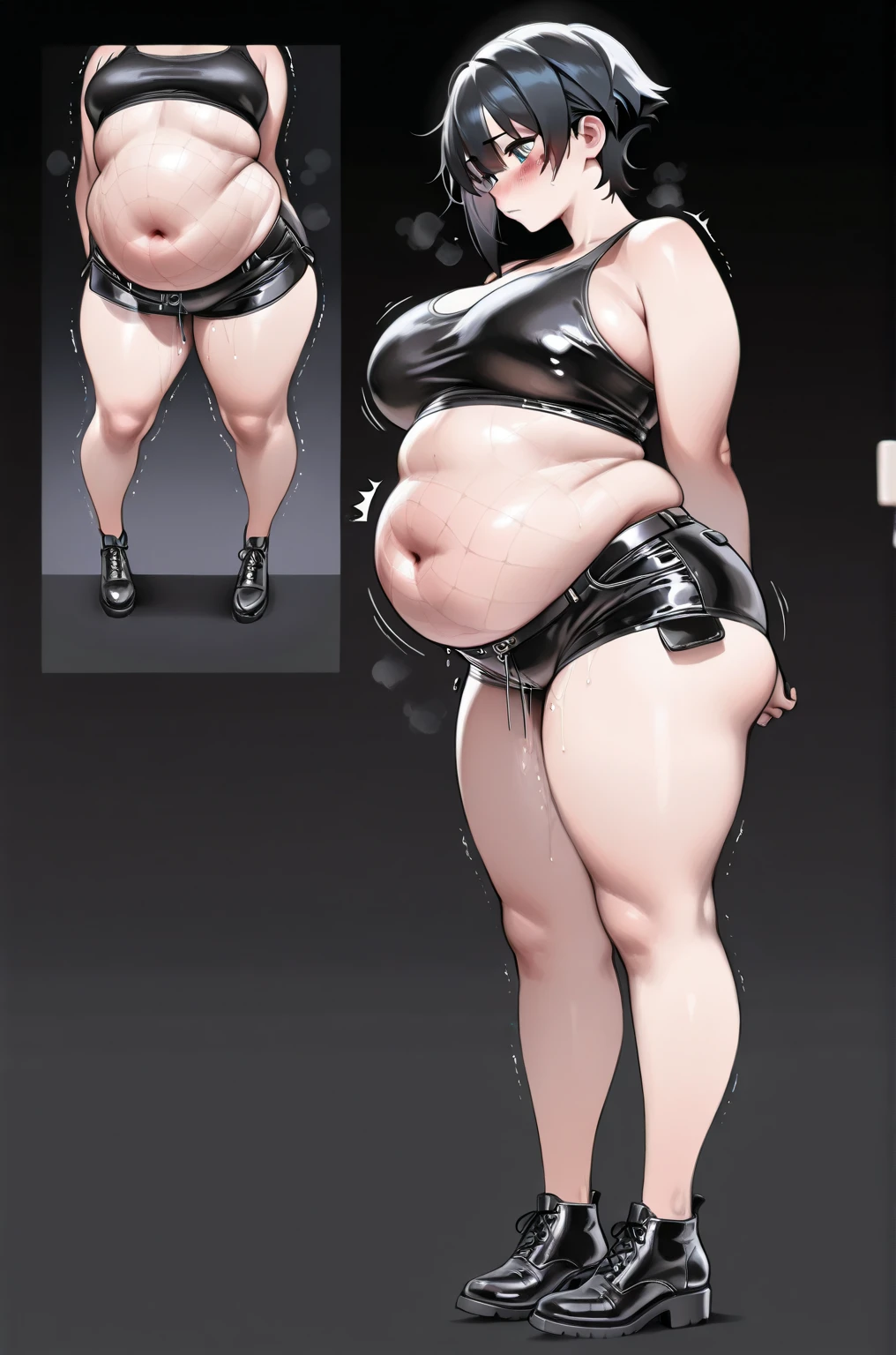 Female original character reference sheet adoptable, pink hair, (short bangs hair:1.36), brown eyes, 1girl, (full body), big Breasts, (((dark skin))),