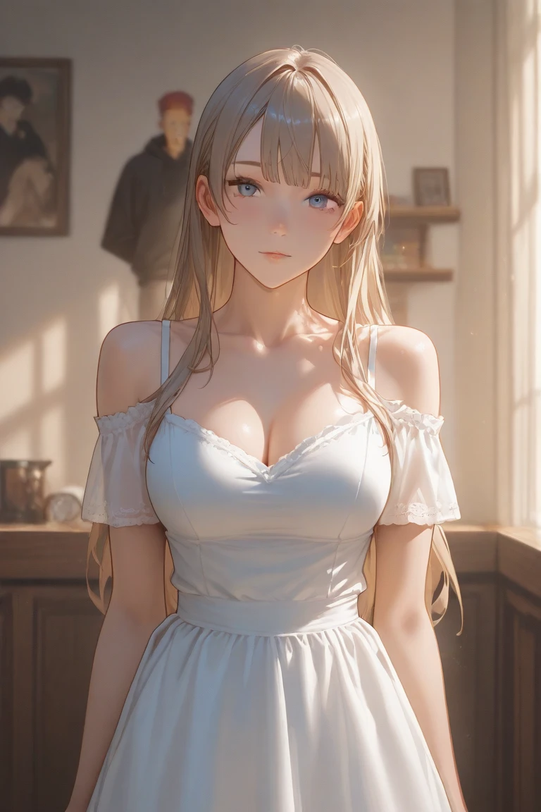 (highest quality、masterpiece、High resolution、detailed)、(Shining eyes、detailed beautiful face)､pity、((beautiful venus:1.9、woman))、(blonde hair)、(White flared skirt dress)、(Thin silk material)、(cleavage:1.4)、thighs:1.3、intricate skirt、Fantastic beautiful background:1.7、painting、Vines are wrapped around the edge of the painting、Beautiful flowers are blooming around the painting.