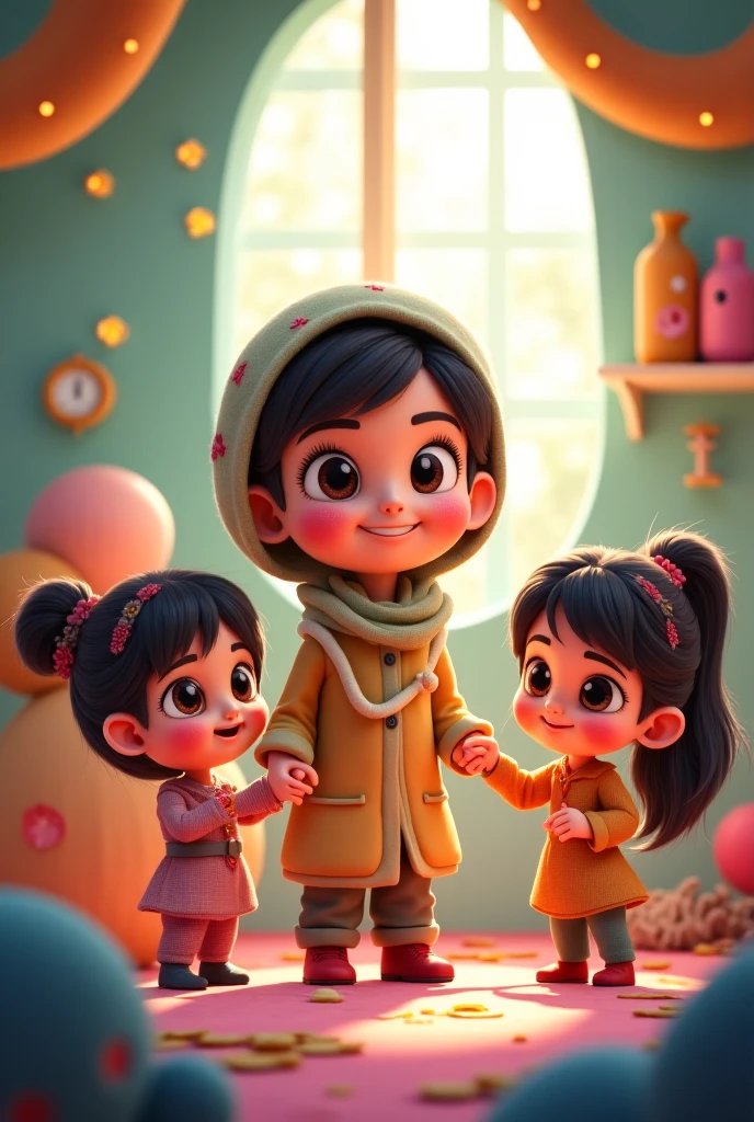 ((3 males sitting)) and ((3 hijabbed females)), caricaturized, cute face, just concentrate, casual fashion, fantasy art, happy expression, extreme detail, masterpiece, cinematic lighting, 4k, indoor background