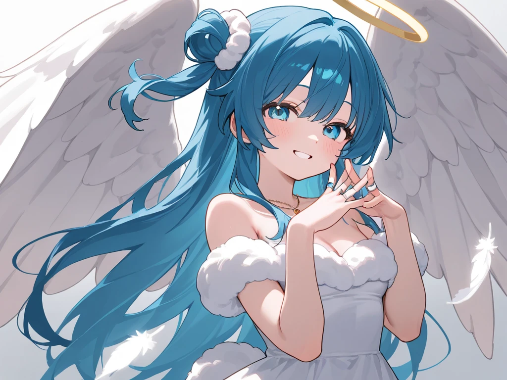 masterpiece, best quality,<lora:OH4XL_ANI31_lokr_V4312:0.95>1girl, solo, dress, own hands together, wings, blue eyes, long hair, white dress, flower, butterfly, blue hair, looking at viewer, bug, long sleeves, white flower, cleavage, breasts, choker, own hands clasped, angel wings, feathered wings, collarbone, hair flower, simple background, parted lips, hair between eyes, puffy sleeves, white wings, white background, hair ornament, floating hair, interlocked fingers, rose, white rose, white choker, halo, closed mouth, petals