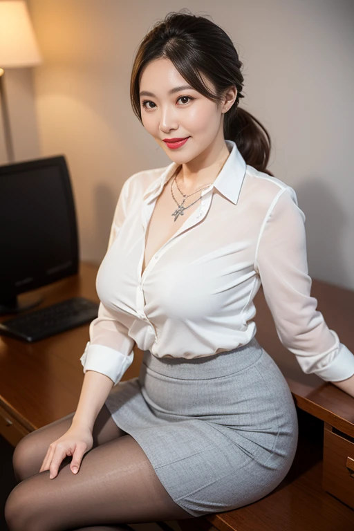 White blouse　75 years old　mom　milf　Korean, Lady　large earring　Big choker　navel piercing decoration　A bracelet　Silver Hair　realisitic　Gorgeous Madame Beautiful Mature Woman　sexly　Smile　Gentle woman navel piercing　４K　High quality office　computer　President&#39;s office　boss　Beautiful feet