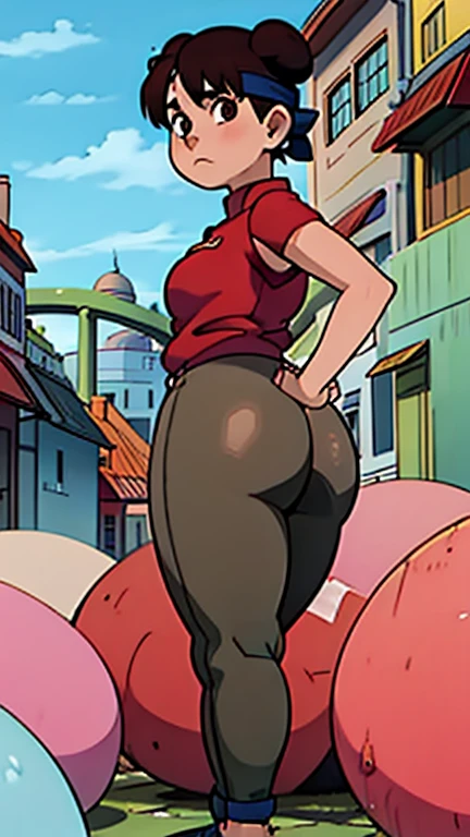 (masterpiece:1.4), (best quality), (detailed), (8k), inzaniak, (solo, 1girl, cowboy shot), (sidewalk, city), boss, (black eyes:1.2), small breasts, (wide hips, thick thighs:1.3), (dark skin:0.8), brown hair, sidelocks, double bun, visor cap, red headwear, completely nude, looking pleasured, vagina