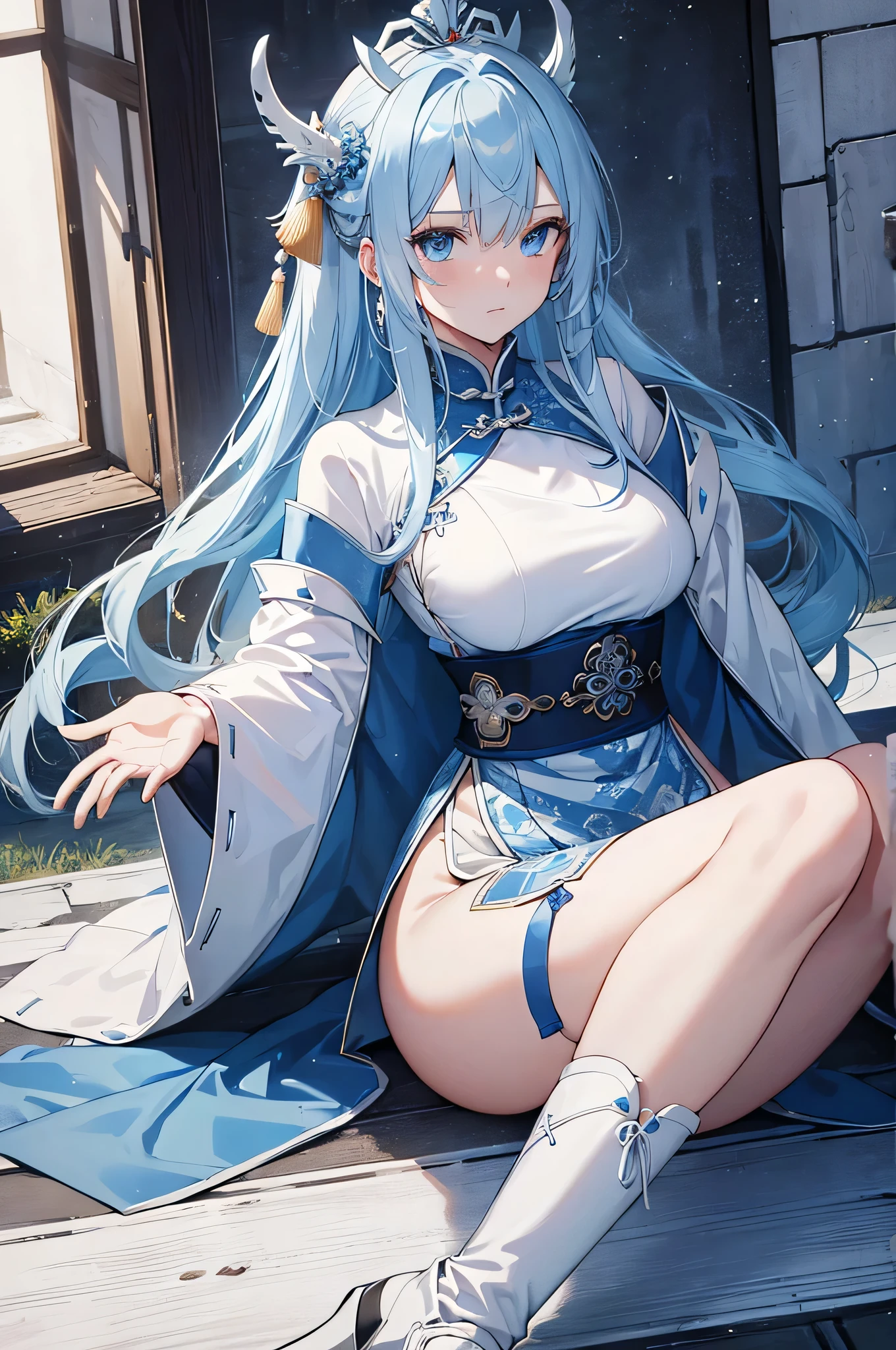 top quality,best quality,Shengya charming,happiness,gentle expression,in love,(Transparent colorful Hanfu,Exquisite and gorgeous design),black gloves,silver hair,blue eyes,see through transparent clothes,Exquisite hair accessories,Transparent lace,Engraving pattern,dress nicely,In the background is an old Chinese palace,Inside the hall,elegant posture,night,(long garters:1.1),Super super details,Exquisite and beautiful face and eyes
