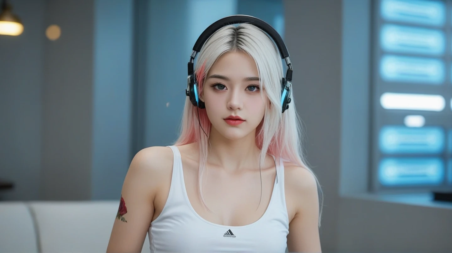 A photo of a young pretty, nerdy woman sitting in a cafe, wearing a white shirt and a bow, surrounded by a cozy lofi atmosphere, looking at the viewer. Short Pink Hair, Stunning Glow Lite Blue Eyes, Amazing beautiful shining hitech astropunk helmet with a big faceshield like an ultimate astronaut, cinematic lut colors, stunning masterpiece of photography, Traditional Cyberbodies, Realistic,DERPD, Science-Fiction, serie-b movie scene. blacklights fluorescent colors, neon-noir ascents, contrasting lsd colors, blue theme