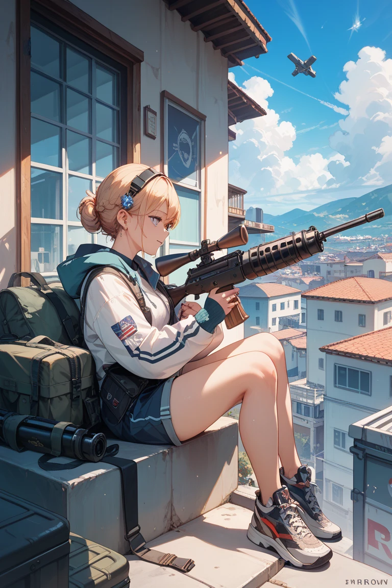 (best quality,4k,8k,highres,masterpiece:1.2),ultra-detailed,(realistic,photorealistic,photo-realistic:1.37),anime,1 girl,laying down,aiming gun,firing into distance,large gun,energy weapon,blue energy