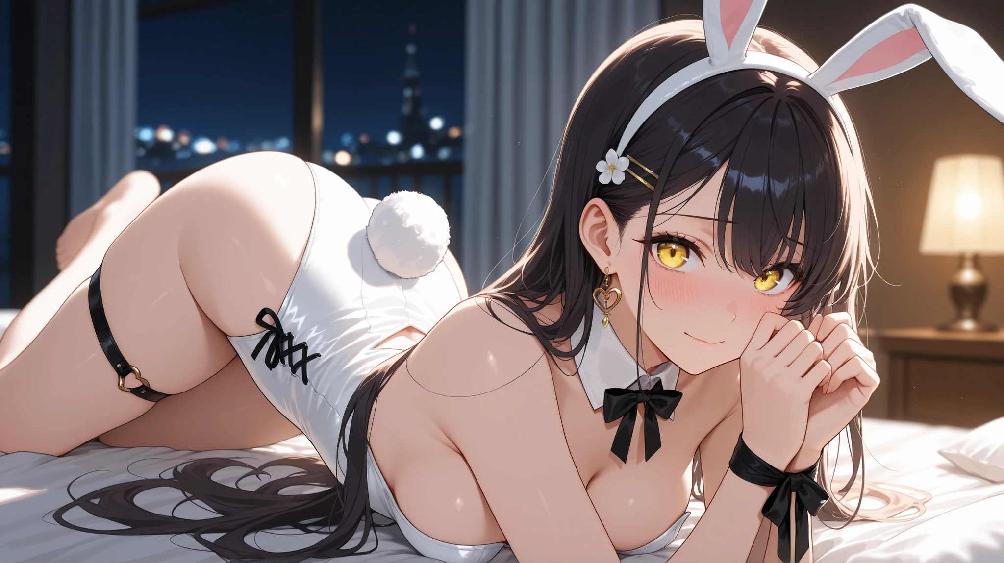 1girl, animal ears, tail, breasts, bunny ears, ass, underwear, bunny tail, looking at viewer, bra, thighhighs, mirror, bunny girl, panties, solo, maid headdress, , apron, reflection, ribbon, blush, bangs, tail ornament, bow, detached sleeves, white panties, garter belt, wet, black bra, sitting, indoors, bathroom, detached collar, holding, frills, bare shoulders, cleavage, hair ribbon, wrist cuffs, tail ribbon, animal ear fluff, thighs,big breasts, sakurajima mai, long hair, bangs, (black hair:1.5), hair ornament, (purple eyes:1.1), hairclip, rabbit hair ornament,