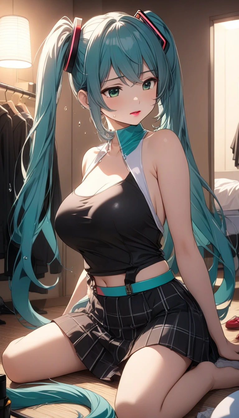 Long Hair, Twintail, Light Blue Hair, Yellow Eyes, Cat Ears, Cat Tail, Big Boobs, Wearing Hoodie, Long Stocking, Nighttime, Wearing Black Gloves, Inside a house