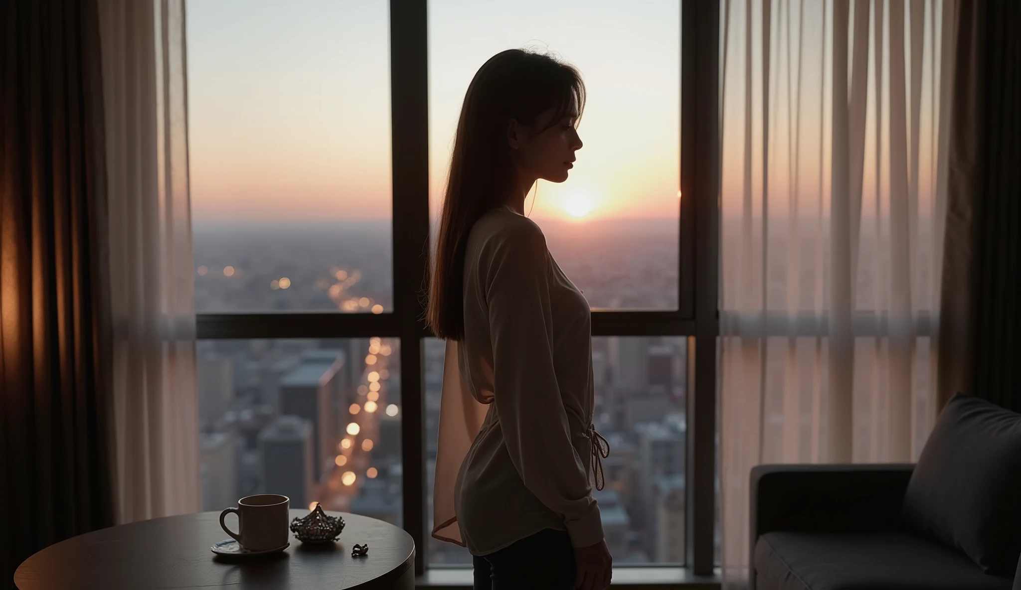 A semi-realistic cinematic portrait of a modern young woman standing alone by a large window in a dimly lit high-rise apartment at dusk. The city lights outside are beginning to flicker to life, but her figure is bathed in soft, natural light, casting long shadows. She’s wearing a loosely draped silk shirt, slightly crumpled, like her emotions. Her gaze is distant, unfocused, eyes heavy with unshed tears, lips parted as if words were trapped inside. A crumpled piece of silver foil lies on the coffee table — a visual metaphor from the lyrics. The palette is warm and muted: dusty pinks, soft golds, and grays. The room is modern yet intimate, with traces of a love recently lost — a coffee mug, a photo frame turned face-down, a single earring left behind. The mood is melancholic, introspective, and emotionally raw.
