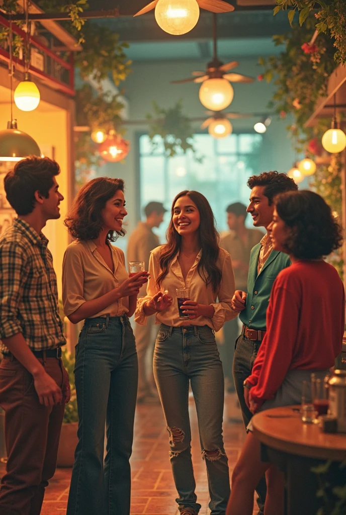 A man and a woman in a lemonade shop, each holding a glass, and the saleswoman is talking to them.. it is night. It is about 30 years ago . 