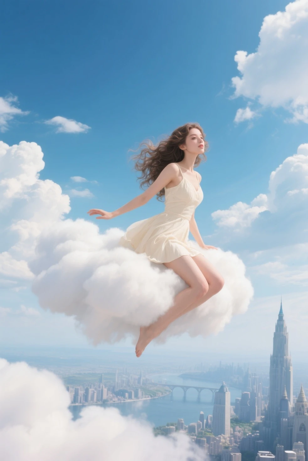 masterpiece, highest quality, Movie stills, One girl, Floating in the sky, cloud girl, cloud, (close:1.1), bright, Happy, fun, Soft lighting, (Bauhaus, shape, OK, Abstract:1.1)