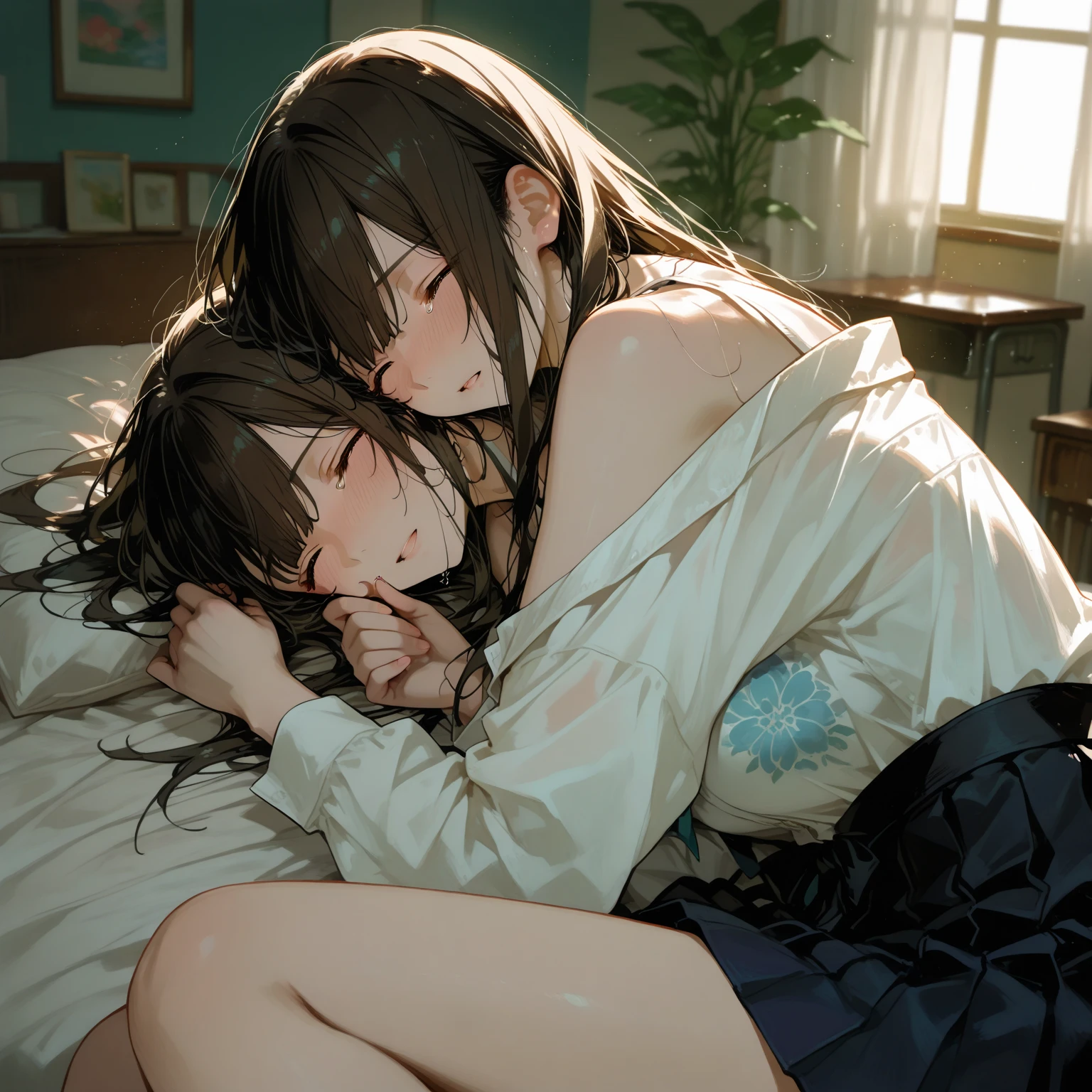 "Mujer joven llorando en una cama", "Rompimiento amoroso", "Mobile phone with farewell message", "Sad and messy room", "Luz tenue", "Emotion of sadness and loneliness".