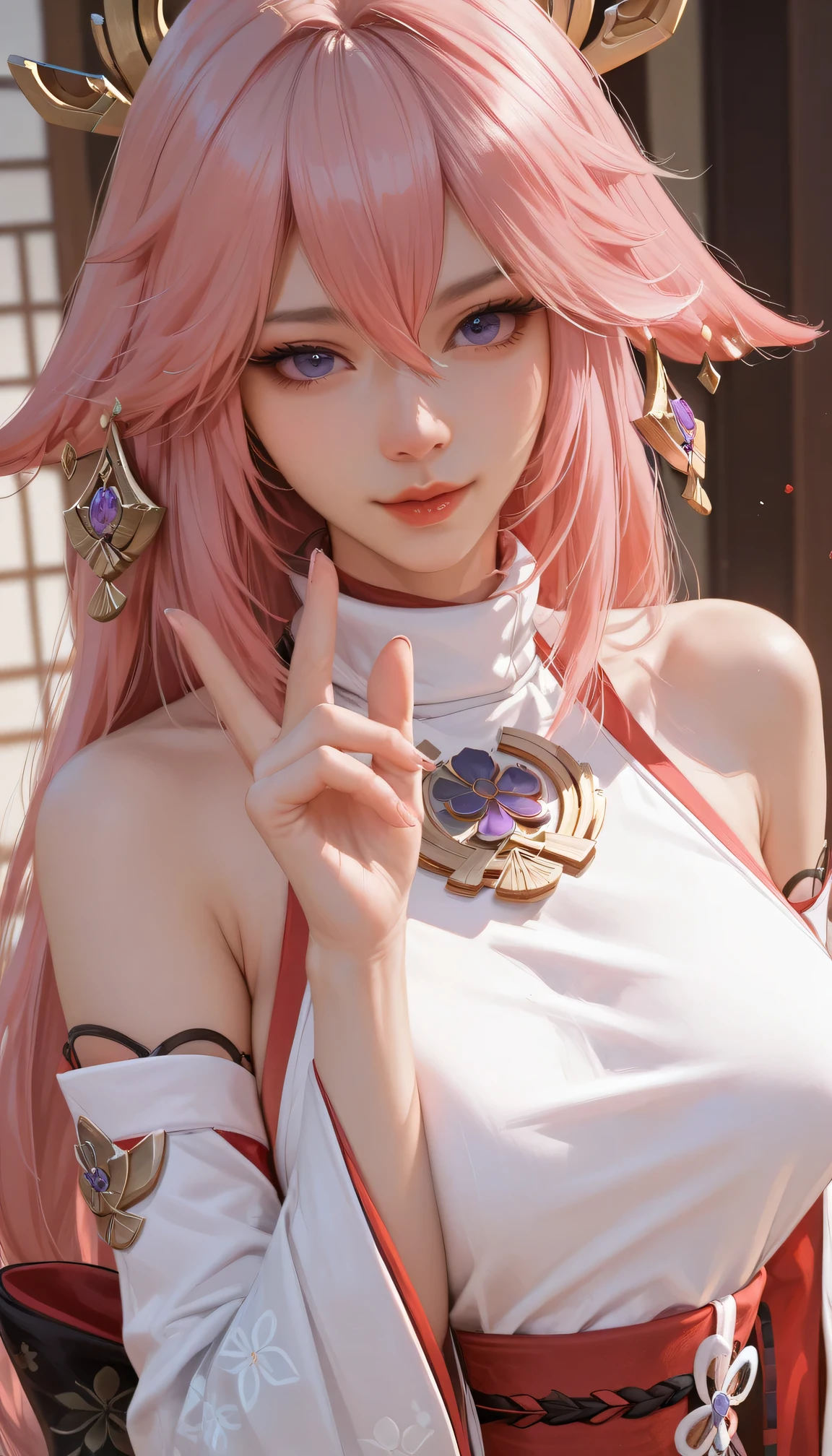 Yae Miko,Genshin Impact Game,(( detailed work )),best quality, detailed work ทุกส่วนของภาพ,Top image,The left and right fingers have five fingers., Perfect Picture ,(Fingers but finer), color scheme