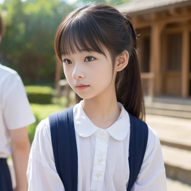 (top-quality、​masterpiece)、Neat and clean schoolgirl、petite person、13yo girl、Ponytail with black hair、Blouse with white collar、Red checked miniskirt、white  panties、beauitful face、(slim, Small, Flat, Small)、Detailed eyes、Black eyes、Double eyelids、outside of house、the wind、shinny skin、blurry backround、
