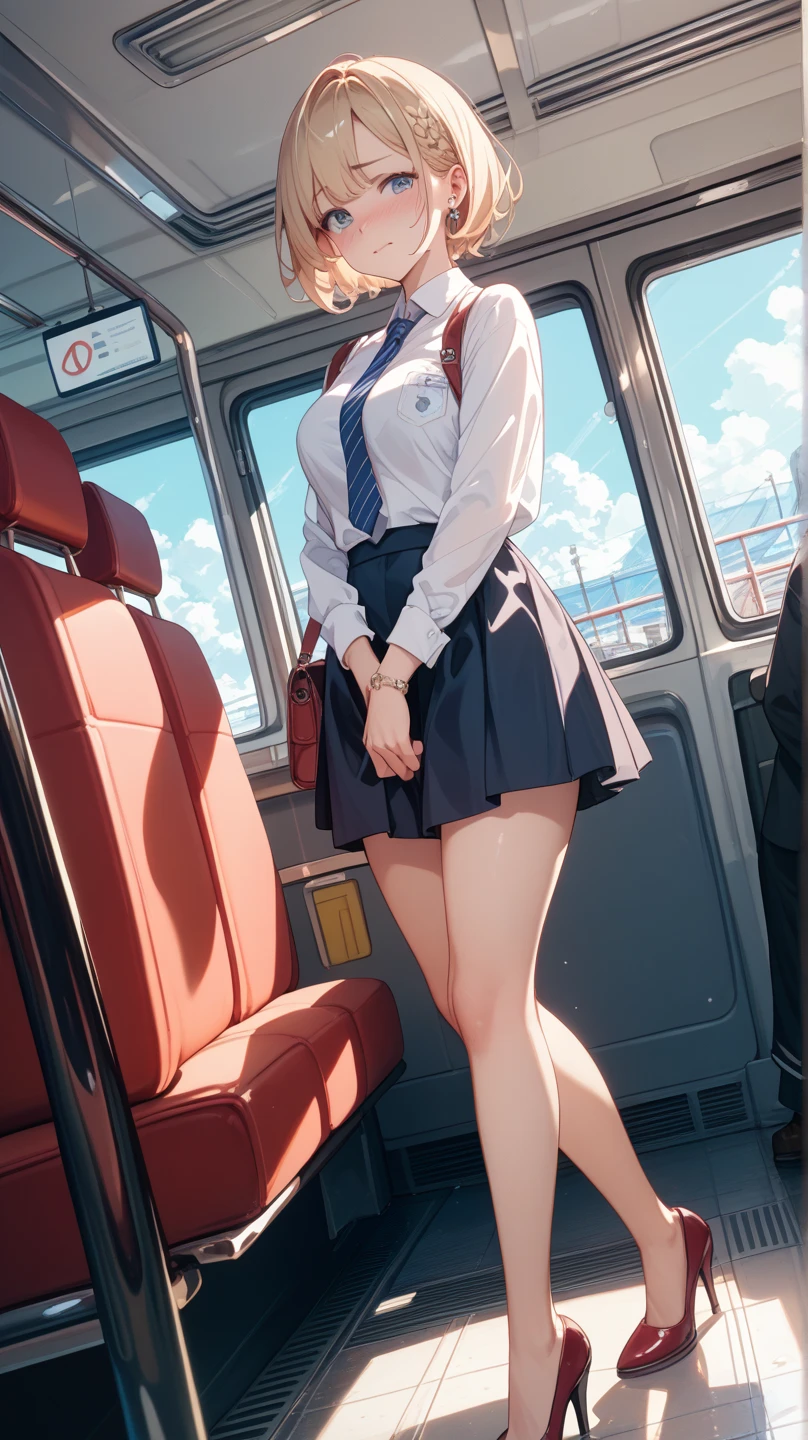 NSFW,4K,Gal:1.3,Anatomically correct,school uniform:1.3,A pure and innocent girl, Very cute face, Like an idol, (masterpiece:1.2), (high quality), panties, loose socks, Hip, Blue Skirt, alone, Blazer Type, loose socks, Lifting clothes, Brown eyes, pure gaze, mini skirt, Lift yourself up, Check skirt, blush,((Mid-chest)), (Sweating profusely), Long Hair, physical education, Beautiful legs, ((in the train))