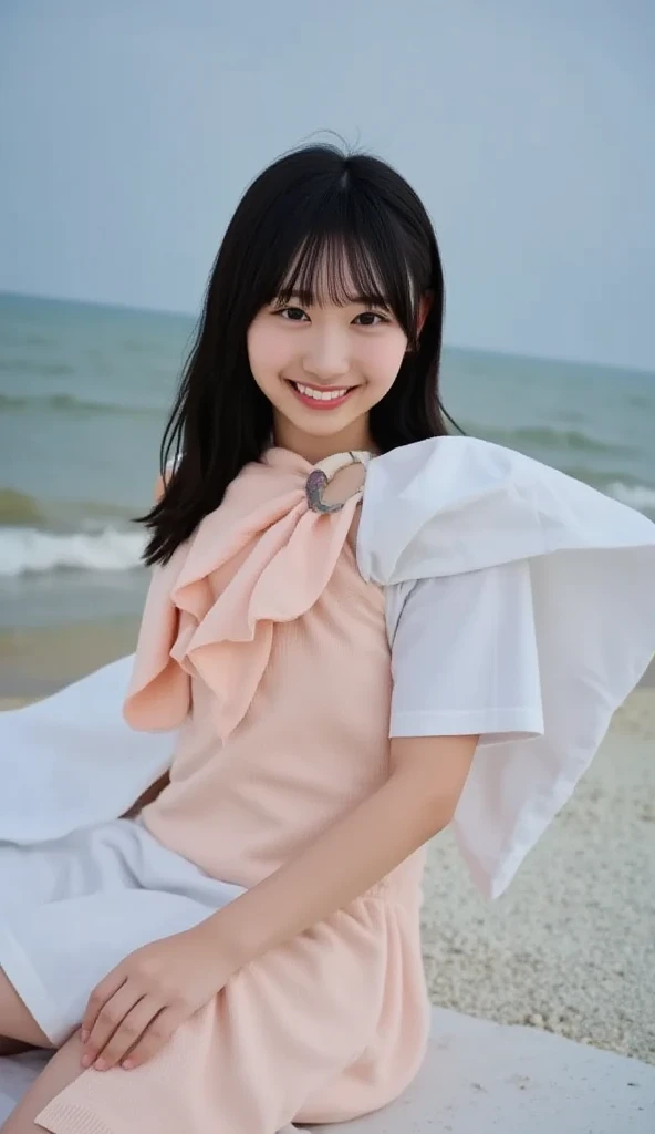 (((Facial fidelity of the LoRA model used)))、((masterpiece:1.27、Every detail counts))、The seaside dyed in the sunset、Playing in the water alone、Cute Japanese 、Straight black hair up to the shoulders、Bangs are cut straight above the eyebrows、Traditional Japanese Uniform、Sailor top with white collar and navy blue lines、Wear a navy blue mini pleated skirt、A red scarf on the chest of the top、Skin is brighter and smoother、Eyes are deep purple、Long, black eyelashes、Eyes sparkling、Excitement and joy、Eyebrows are thin and well-formed、The nose is small、Nose Bridge、The mouth is small、Fuller lips、natural pink lips、The ears are small、Roll up the sleeves of your uniform to your elbows、The hem of my skirt is also a little wet.、Walking barefoot on the beach、The waves wash up at my feet、The legs are small and white、Fine sand on my toes、波打ち際でlooks funに波を跳ね返しながら、Occasionally, they scoop up seawater with their hands and throw it back into the waves.、Every time the water touches your feet, it splashes a little.、looks fun、The vast blue sea and white sand、Beautiful orange sky at sunset、A small island in the distance々、Small shells on the beach、Driftwood、The sound of waves、A school bag carelessly placed on the beach、Carefully arranged shoes and socks、The bag is black in color、Embroidered school logo、Overall、Relaxing after school、A scene that brings back fond memories of the end of summer
