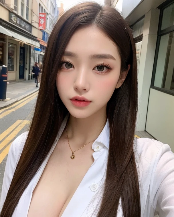 ((Best quality, 8k, Masterpiece :1.3)), Sharp focus :1.2, A pretty woman with perfect figure :1.4, Slender abs :1.2, ((Dark brown hair, Big breasts :1.2)), (White button up long shirt :1.1), City street:1.2, Highly detailed face and skin texture, Detailed eyes, Double eyelid