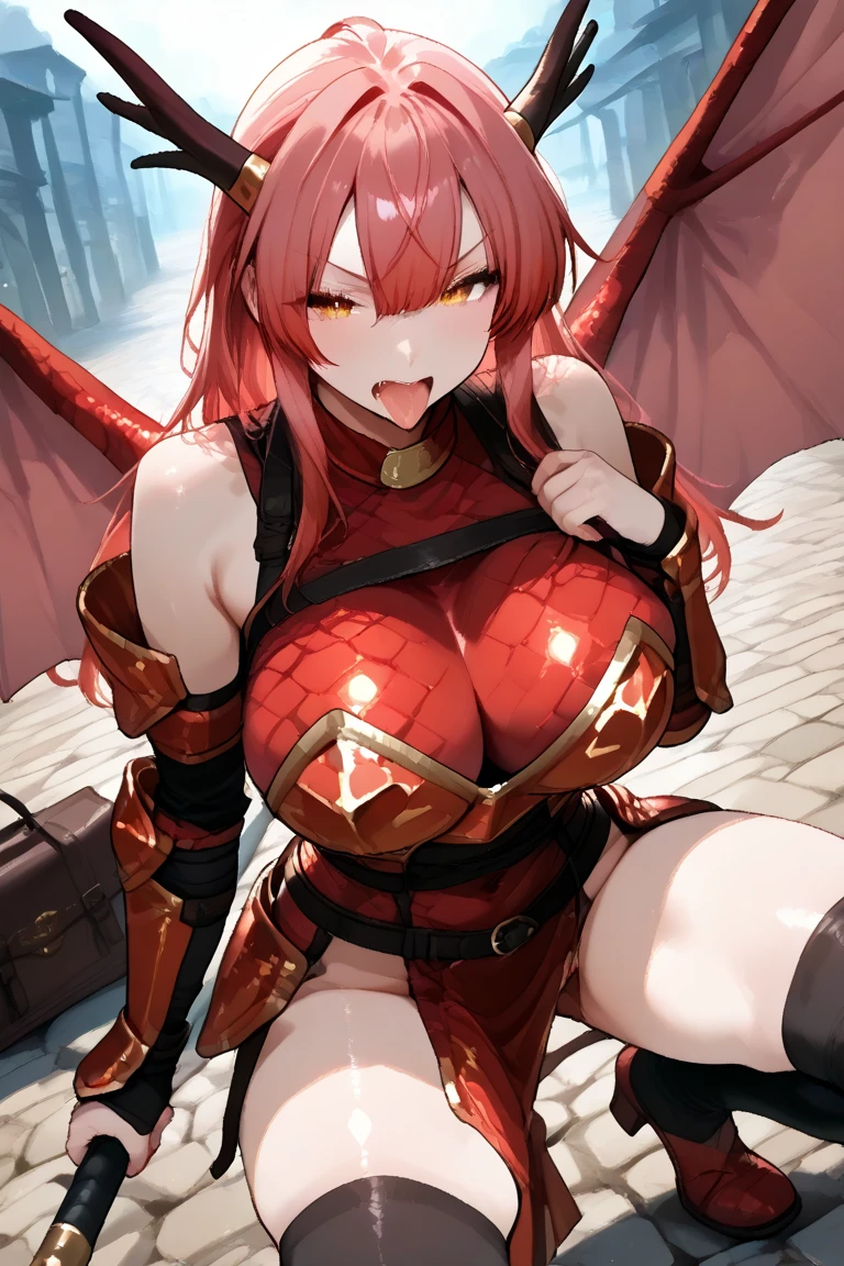 Masterpiece, very detailed, ultra detailed, one, (1 woman), she is in futuristic neon red armor, with a large spear and in an elegant position, super mature, tall, milf style, mature mother, super long hair, straight hair, bright blood-red hair and straight bangs, thin dragon horns, beautiful, charming, Heterochrome of dragon eyes (red and blue eyes), elegant, large breasts (huge, torn), naked breasts, cheerful breasts, evil smile, charming, six press packages, dark background, futuristic setting on a huge red foggy background.